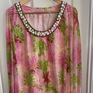 Lilly Pulitzer Harper Shift Dress 14 In Dirty Shirley 100% Silk Floral Beaded